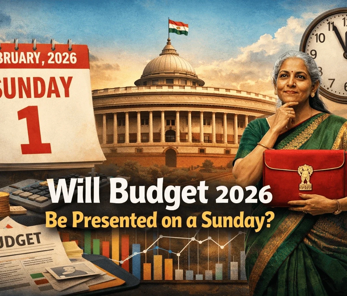 Finance Minister Nirmala Sitharaman outside Parliament with a February 1, 2026 Sunday calendar, symbolising the Union Budget 2026 date debate
