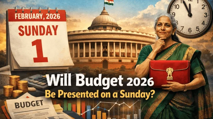 Finance Minister Nirmala Sitharaman outside Parliament with a February 1, 2026 Sunday calendar, symbolising the Union Budget 2026 date debate