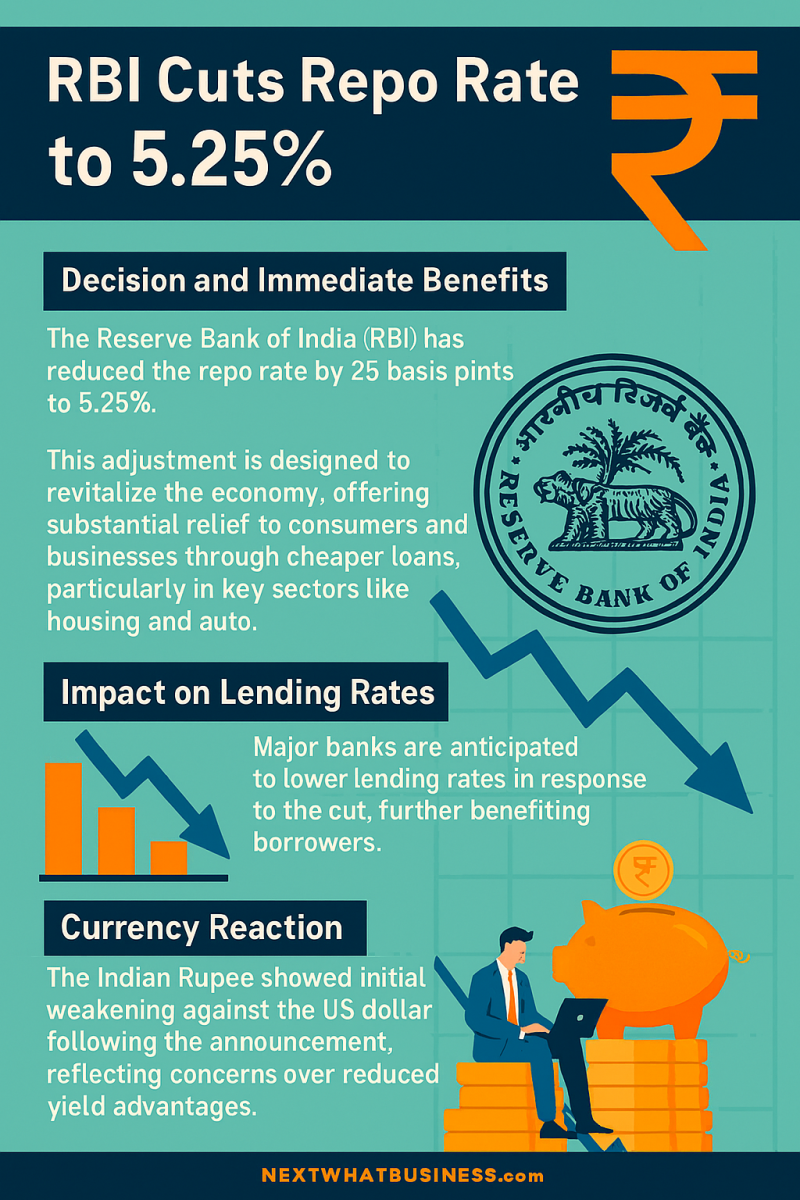 Infographic summarising the impact of RBI rate cut with benefits, challenges, borrowing cost trends and economic profit insights for businesses and consumers.